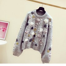 티피 새로운 레이디 스웨터자수 니트 느슨한 스팽글 크루 넥 스웨터