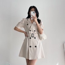 트렌치 더블버튼 소매퍼프 벨트 반팔 미니 원피스