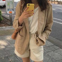 여성 블랙 퍼프 레터링자켓루즈핏 린넨 자켓 캐주얼 여자 가을 데이트 패션 코디