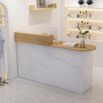 인포 안내 데스크 카운터 테이블, 140x50x105cm, 흰색돌패턴+얕은호두호가왼쪽에있고