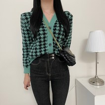 VANANA2 여성 비비드 캐주얼 하운드체크 니트 브이 단추 가디건