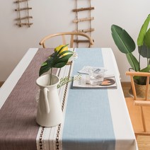 집안 분위기 확바꾸어 주는 예쁜 북유럽 린넨 레이스 식탁보 식탁커버 테이블보 테이블커버, 6인용(200*140cm), 하늘색-브라운