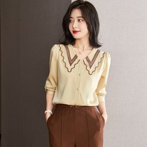 칼라 셔츠 여 봄 심플 통근 긴팔 새틴 셔츠 여 블라우스