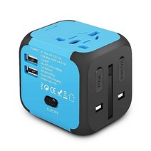 골드폭스 GOLDFOX 범용 여행용 어댑터 USB 포트 2개가 있는 전 세계 국제 플러그 유럽 유럽 영국 미국 호주 아시아용 올인원 전원 어댑터 AC 콘센트 (블루), 파란색