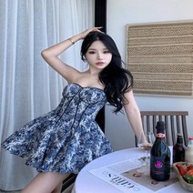 파티드레스 프랑스 스타일 틈새 탈출 공주 파란색과 흰색 도자기 튜브 탑 드레스 짧은 작은, S+Blue and white porcelains
