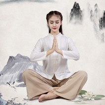 태극권복 Wushu-스탠드 칼라 화이트 롱 탑 루즈핏 바지 투피스 세트 여성용 명상 코튼 린넨 정장 트레이닝