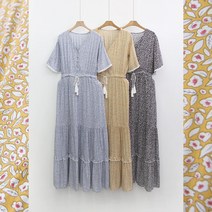 브이넥 허리태슬끈 플라워 셔링 반팔 롱원피스 GM