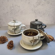 나무그림 대추 생강 쌍화차 도자기 뚜껑머그잔 350ml, 블랙