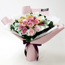 [토퍼증정]수플라워 돈꽃다발 돈다발 장미 유칼립투스 핑크+쇼핑백+토퍼, 16송이