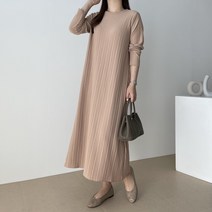 바이엘르 플리츠 A라인 스판 긴팔 주름 롱 원피스