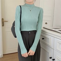 채윤러브 chaeyoon love 심플한 플리츠 긴팔 니트 반폴라 단색 슬림핏 상의