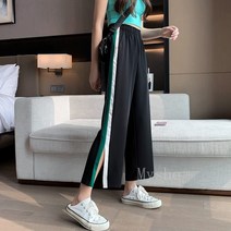 [Myshe]여성 여름 루즈핏 9부 옆트임 통바지 캐주얼 Qi613Liu613JF07, [그린 화이트 9점], 2XL [125-135근 권장]