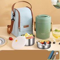 보온 도시락 스텐반찬통 도시락반찬통 휴대용 스테인레스 스틸 도시락 상자 따뜻한 수프 냄비 사무실 노동자 휴대용 가정용 점심 진공 초장 열 보존 쌀 양동이 작은, 마카 그린1.6L 열 보존 가방