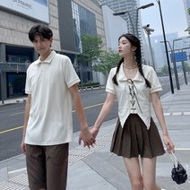 남녀 커플룩 와플넥 반팔 여 플리츠 스커트 남중바지 세트 커플룩