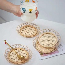 홈카페 라탄 우드 컵받침 홀더 티코스터 컵받침대, 체크