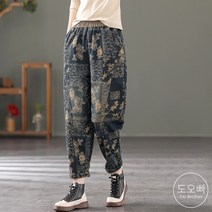 도오빠 여성 플라워 밴딩 청바지 루즈핏 오버핏 와이드 데님 진 배기 하렘 꽃무늬 프린팅 편안한 사계절 봄 가을 40대 50대 60대 중년 여자바지