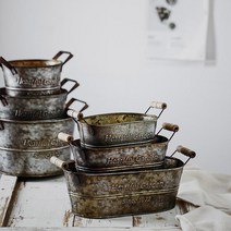 한소픈 나무 손잡이 타원 양철통 정원 소품 인테리어용품 화분통 수납함, 대