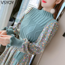 vsyoy 가을 코듀로이 드레스 여성의 가을 2023 새로운 코트 니트 드레스 기본 꽃 드레스