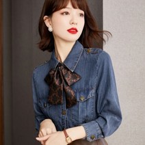 여자청남방 청셔츠 봄 가을 여성 데님셔츠 레이스 업 블라우스 빈티지 오피스룩 캐주얼 탑 우아한 심플 루즈핏 비즈니스