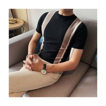 영국 스타일 여름 슬림 맞는 니트 T 셔츠 남성 짧은 소매 라운드넥 대비 색 스트라이프 티 옴므 3XL