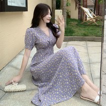 루즈핏 하객룩 봄가을 빅사이즈 정장원피스 통통 소녀를 위한 여성용 대형 보라색 꽃 드레스 여름 프랑스 스타일 퍼프 슬리브 허리 포옹 슬리밍 요정 기질 패션