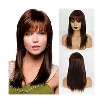 EMMOR Long brown human hair wig for women natural 20 inch human hair wigs with bang straight style, 003-H-Brown