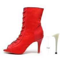 댄스화 라틴댄스구두 라틴댄스화 여성 플란넬 라틴 댄스 슈즈 블랙 레드 소프트 솔 바차타 살사 레이스 업 볼룸 여성화, 없음, red-11cm+6