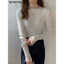 BGTEEVER 가을/겨울 메쉬 패치 워크 여성 니트 스웨터 탑스 우아한 플레어 슬리브 하프 하이 칼라 슬림 풀오버 여성용