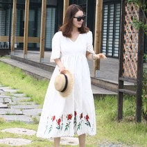 터치라인 장미 자수 브이넥 반팔 린넨 비치롱원피스