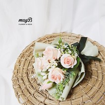 메이비플라워 연핑크장미 미니꽃다발 조화꽃다발 기념일꽃다발 납골당꽃 납골당조화, (포장컬러)연카키