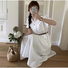 헤이즐 여름 클래식 코튼 반팔 카라 셔츠 벨트 버튼 단추 플레어 A라인 롱 원피스
