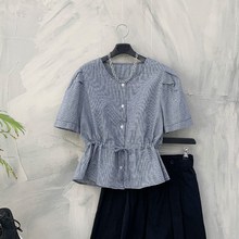  [행복여] 핀턱 퍼프 허리 스트링 고방 체크 블라우스 