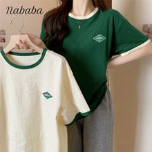  나바바 NT670 여성 1+1 해피 심플 배색 포인트 반팔 티셔츠 