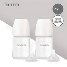 [모윰] 안심코팅 노꼭지 유리젖병 150ml 2팩 + 젖꼭지(2p), 투명