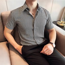 POMTOR 남자 스트라이프 체크 슬림핏 비즈니스 반팔셔츠