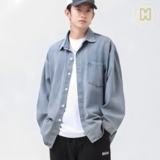 코디코치 펜더 남방 남녀공용 링클프리 오버핏 옥스포드 긴팔 데님 청 카라 티셔츠
