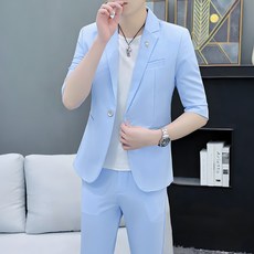 남성 여름 7부 정장 자켓 세트 캐주얼 얇은 상하의 세트 슬림핏 오피스룩 기질 정장 빅사이즈 MJS