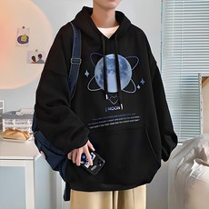 남성용 패션플로우 스페이스 달 프린팅 기모 후드티
