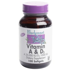 Bluebonnet 維他命A 25000IU&維他命D3 1000IU軟膠囊 無糖 無麩質, 100顆, 1罐
