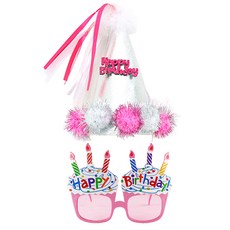파티팡 솜방울 생일 고깔머리띠 핑크 + 생일 컵케익안경 핑크