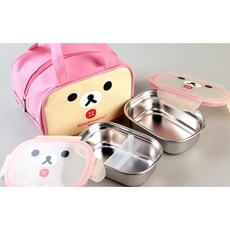리락쿠마 가방 2단 스텐 도시락, 코리락 아이보리, 1세트