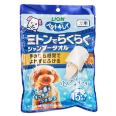 LION 獅王 Pet Clean 犬用手套型清潔濕巾 濕紙巾, 15枚入, 厚實保濕清潔巾, 清潔狗狗身體, 15張, 1包