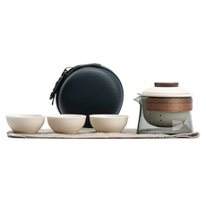 悠然 手抓壺旅行茶具組, 白色陶瓷玻璃實木, 白色, 1組