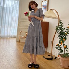 코코블랑 아로하 고방 체크 반팔 롱원피스