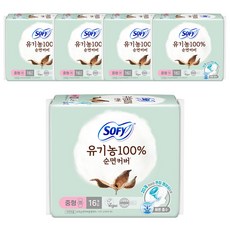 쏘피 유기농 순면커버 에이 생리대 날개형, 중형, 16개입, 5개