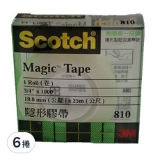 3M Scotch Magic 隱形膠帶 810, 3/4 英寸x 1000英寸, 影印後不留痕跡, 表面可書寫, 810LM, 6捲