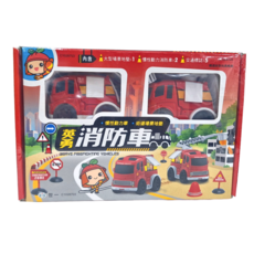 世一 英勇消防車, 內含大型場景地墊x1, 慣性動力消防車x2, 交通標誌x5, 1盒