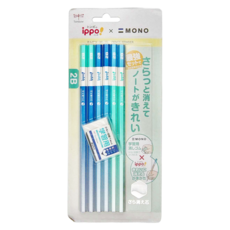Tombow 蜻蜓牌 ippo 六角鉛筆+學習用塑膠擦組 2B鉛筆, 藍綠色, 1盒