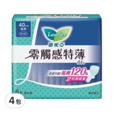 Laurier 蕾妮亞 台灣公司貨 零觸感特薄衛生棉 極長夜用型, 40cm, 6片, 4包