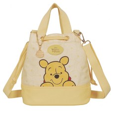 Winnie the Pooh 小熊維尼 束口水桶包 萌萌頭 奶油黃 聚酯纖維 W20xH22xD13cm, 20 x 13 x 22cm, 奶油黃色